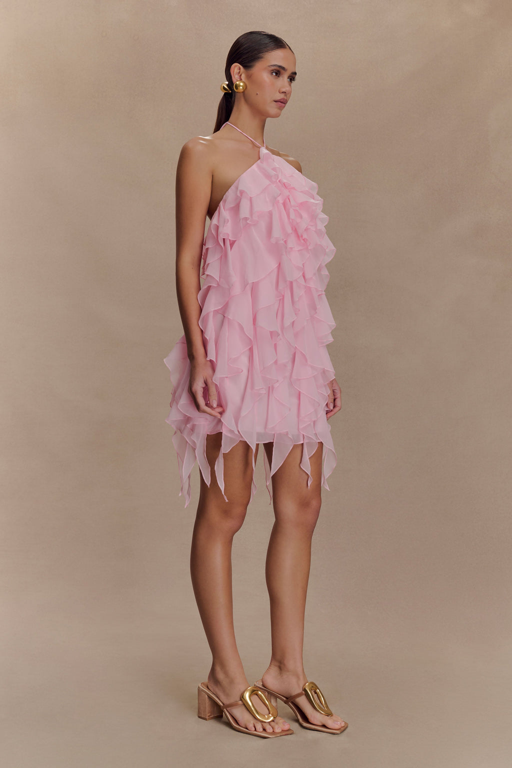 Marigold Ruffle Halter Mini Dress - Powder Pink
