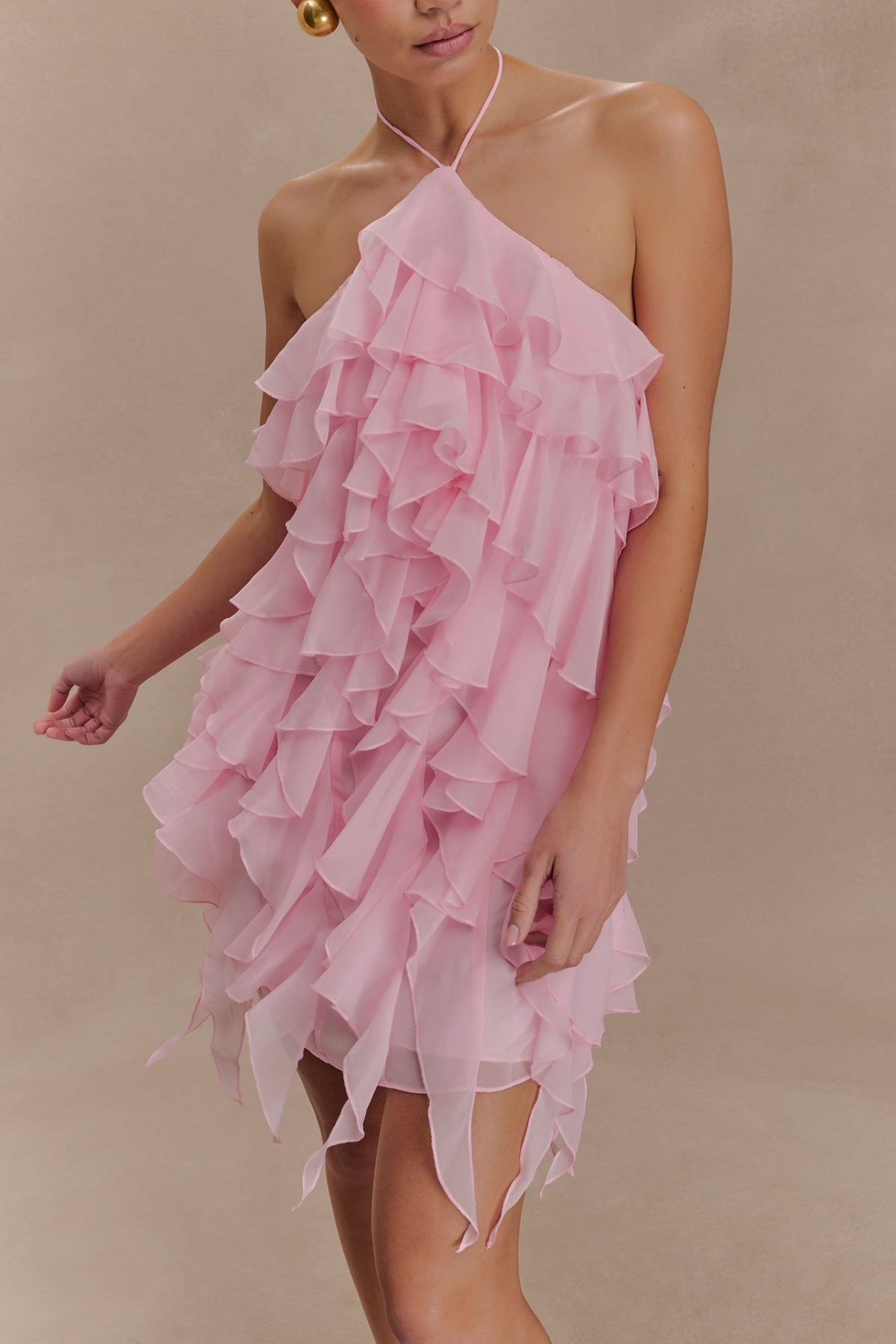 Marigold Ruffle Halter Mini Dress - Powder Pink