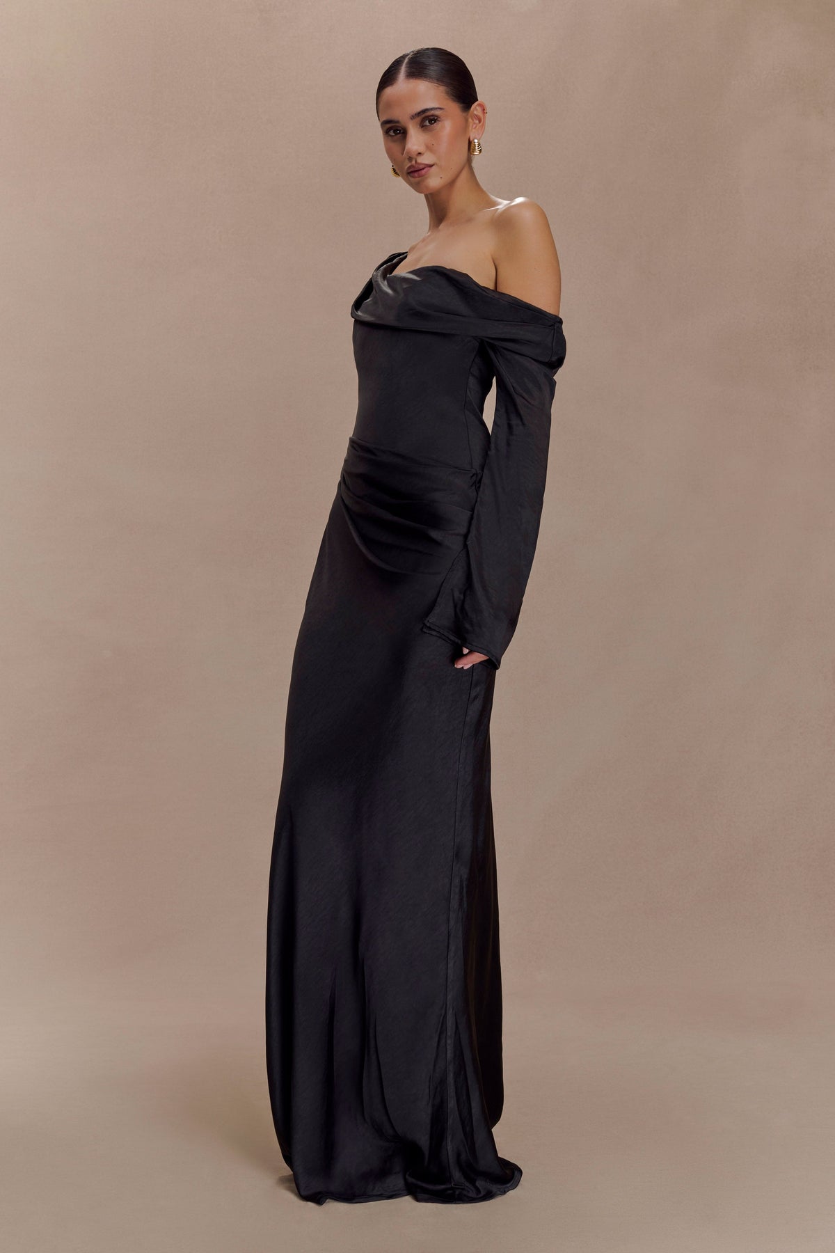 Iris Long Sleeve Satin Maxi Dress - Black