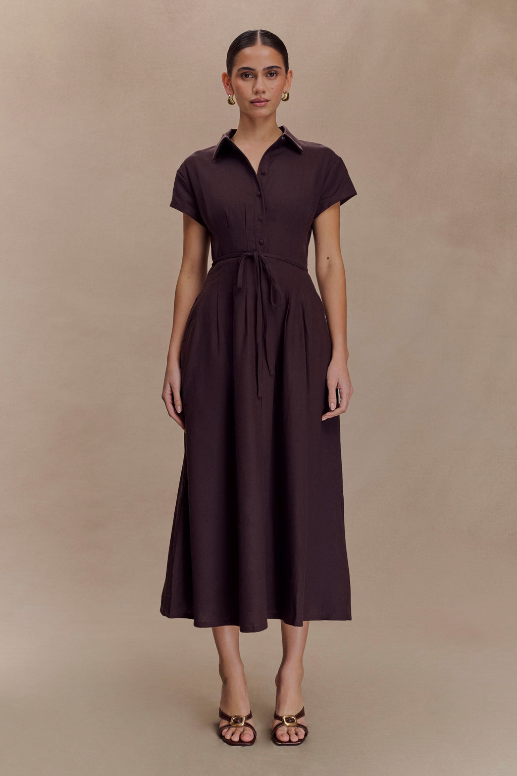 Aysha Buttoned Linen Midi Dress - Chocolate