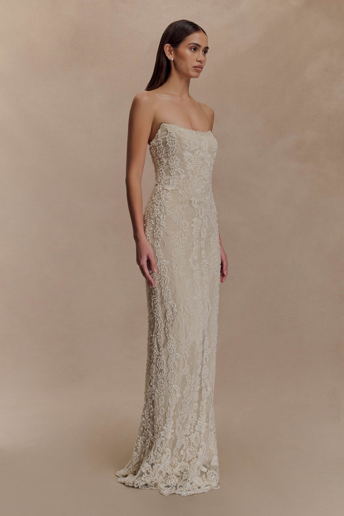 Eva Hand Beaded Pearl & Lace Maxi Dress - White