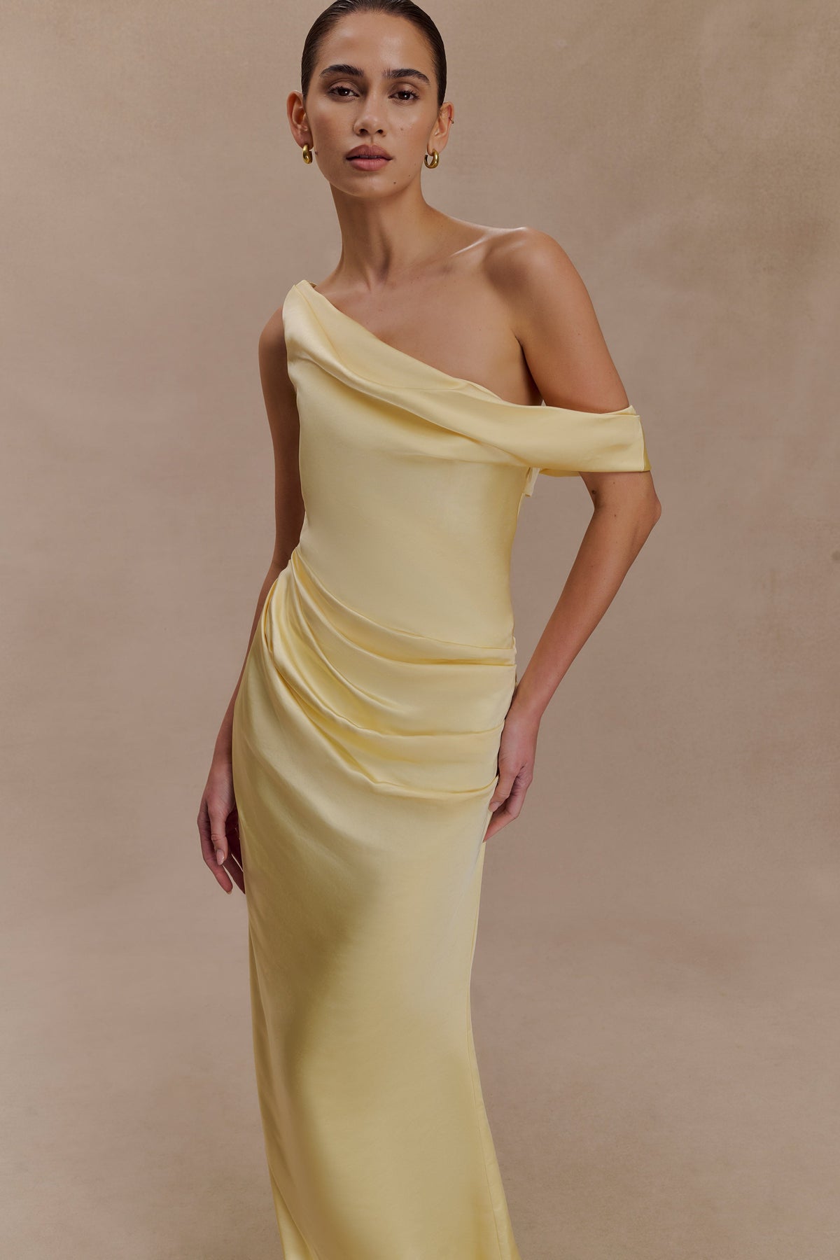 Dalia Off Shoulder Satin Maxi Dress - Lemon
