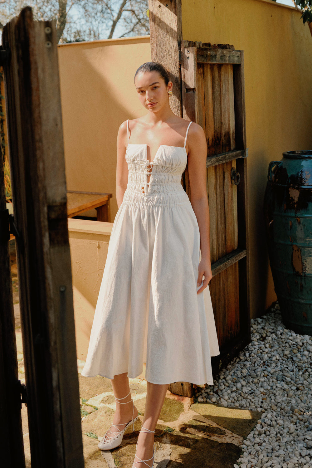 Elias Shirred Cotton Midi Dress - White