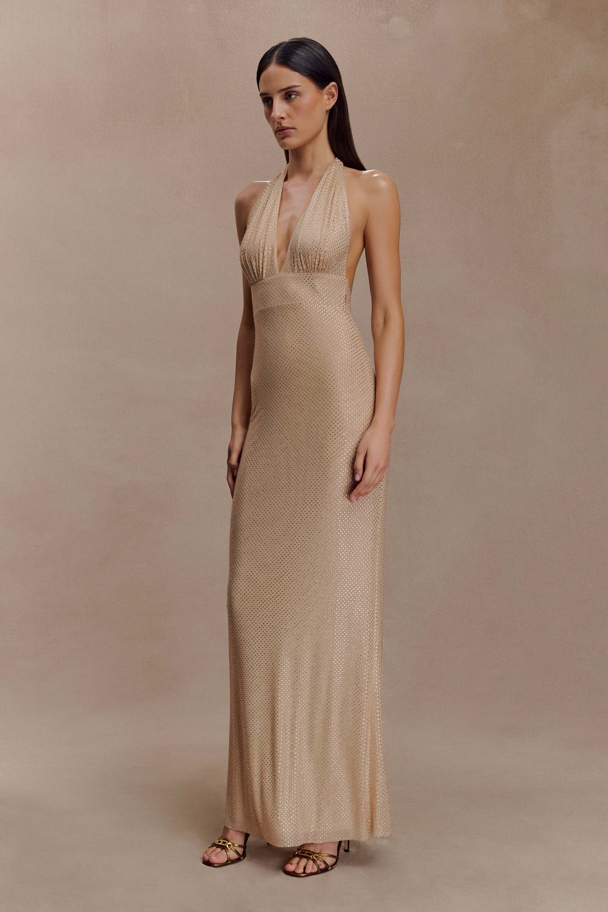 Harriet Halter Neck Diamante Maxi Dress - Sandy Gold