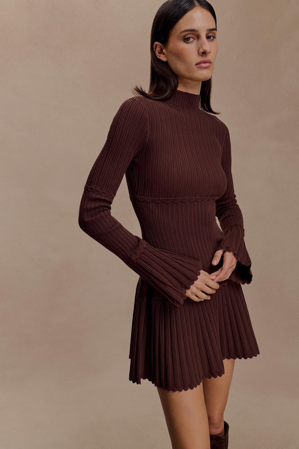 Adena Pointelle Knit Mini Dress - Chocolate