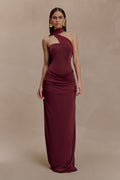 Mattea Slinky And Mesh Maxi Dress With Scarf - Burgundy