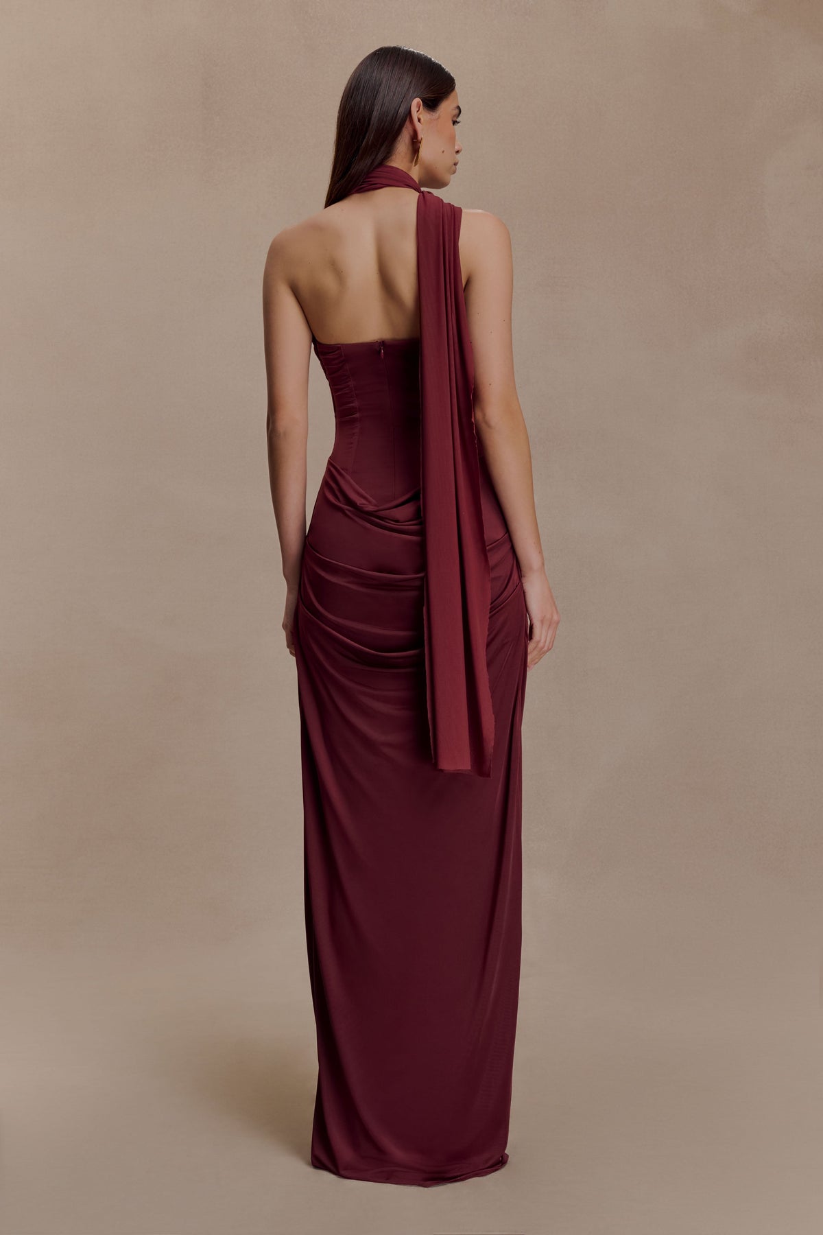 Mattea Slinky And Mesh Maxi Dress With Scarf - Burgundy