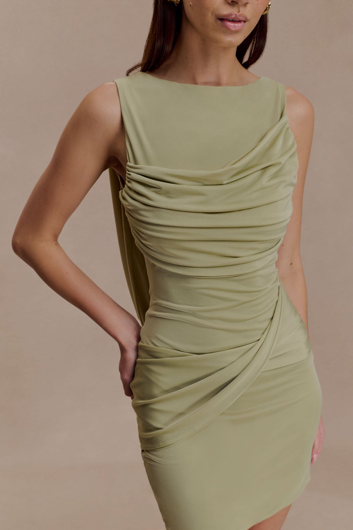 Henley Slinky Drape Mini Dress - Sage