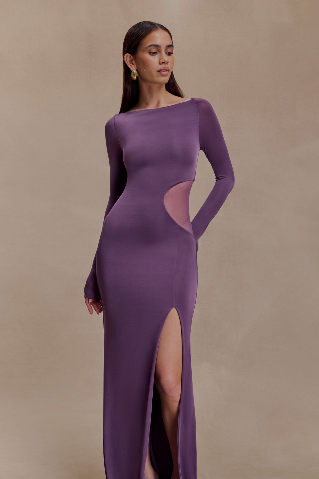 Megan Slinky And Mesh Maxi Dress - Purple