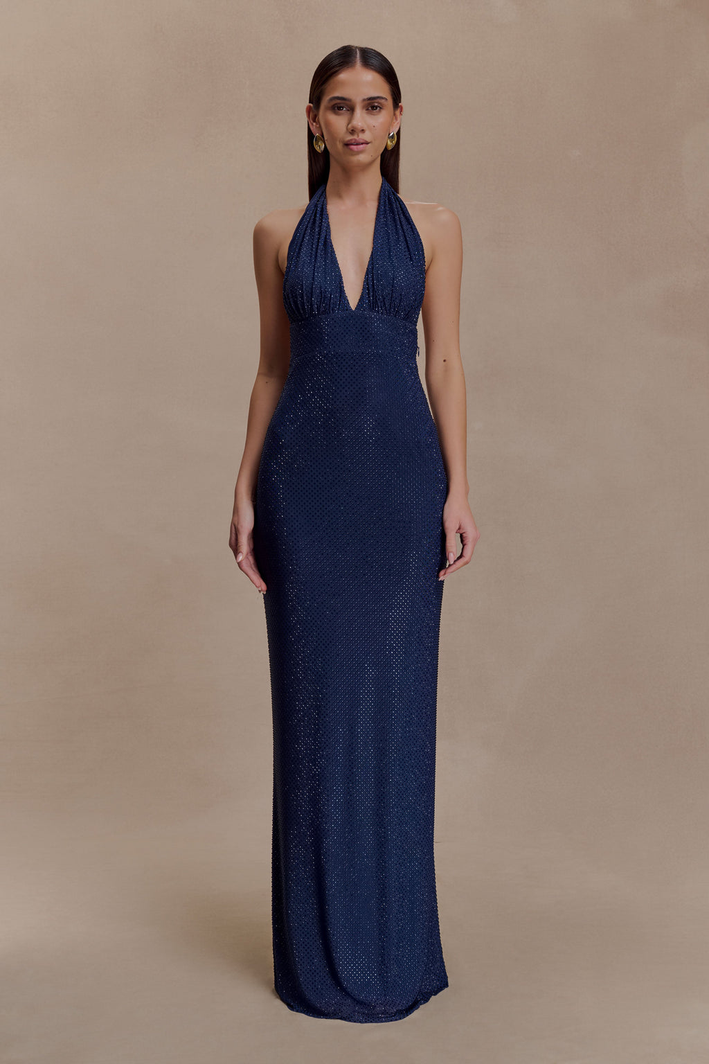 Harriet Halter Neck Diamante Maxi Dress - Navy