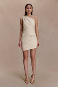 Helena One Shoulder Linen Mini Dress - Natural Beige