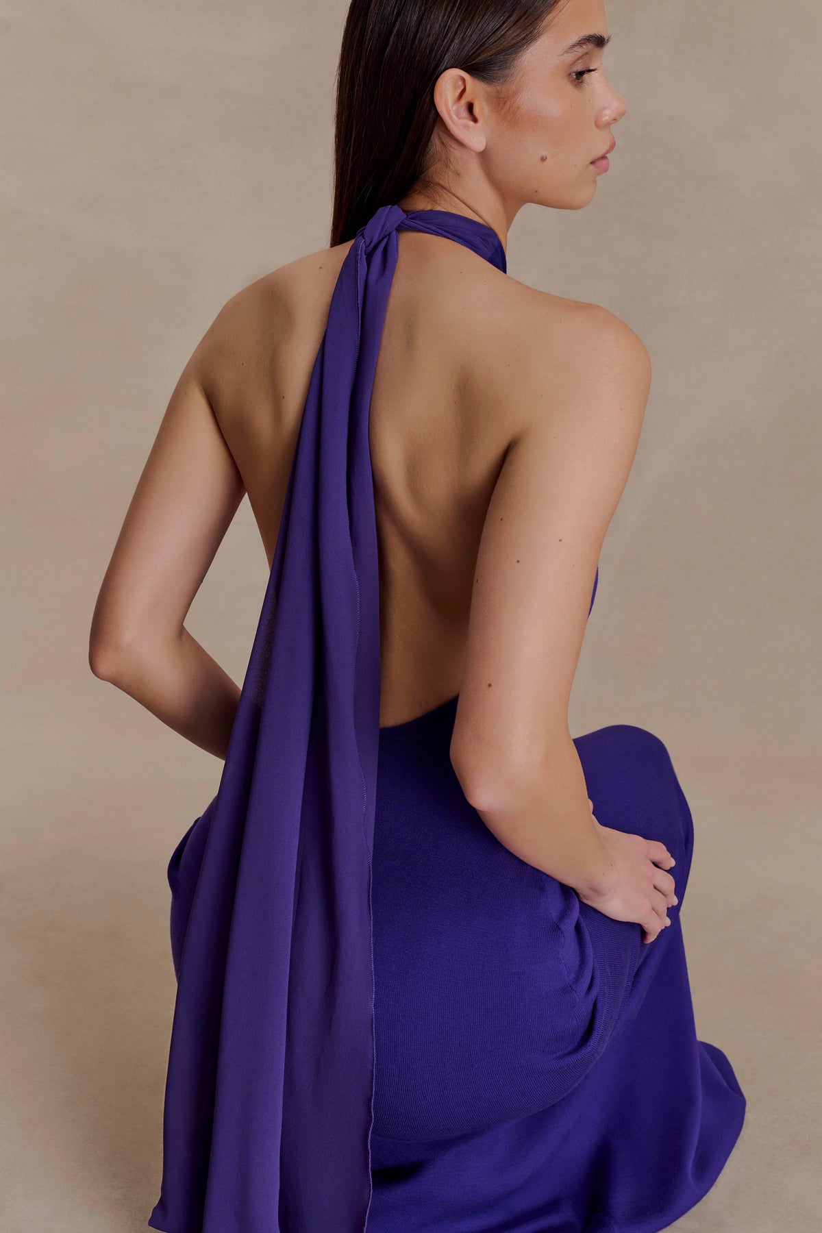 Ozias Halter Semi Sheer Knit Maxi Dress - Deep Purple