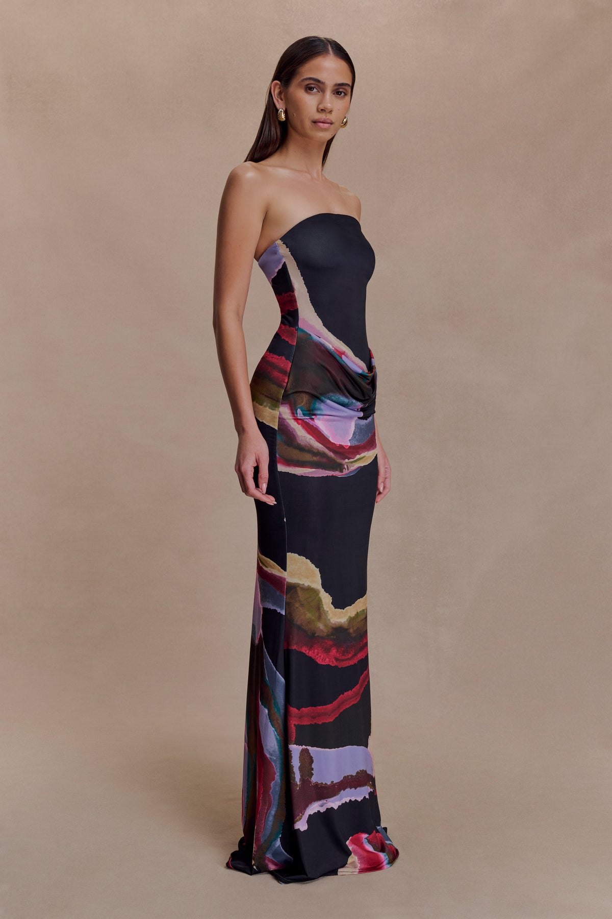 Madison Strapless Slinky Maxi Dress - Multi Fluid Reverie Print