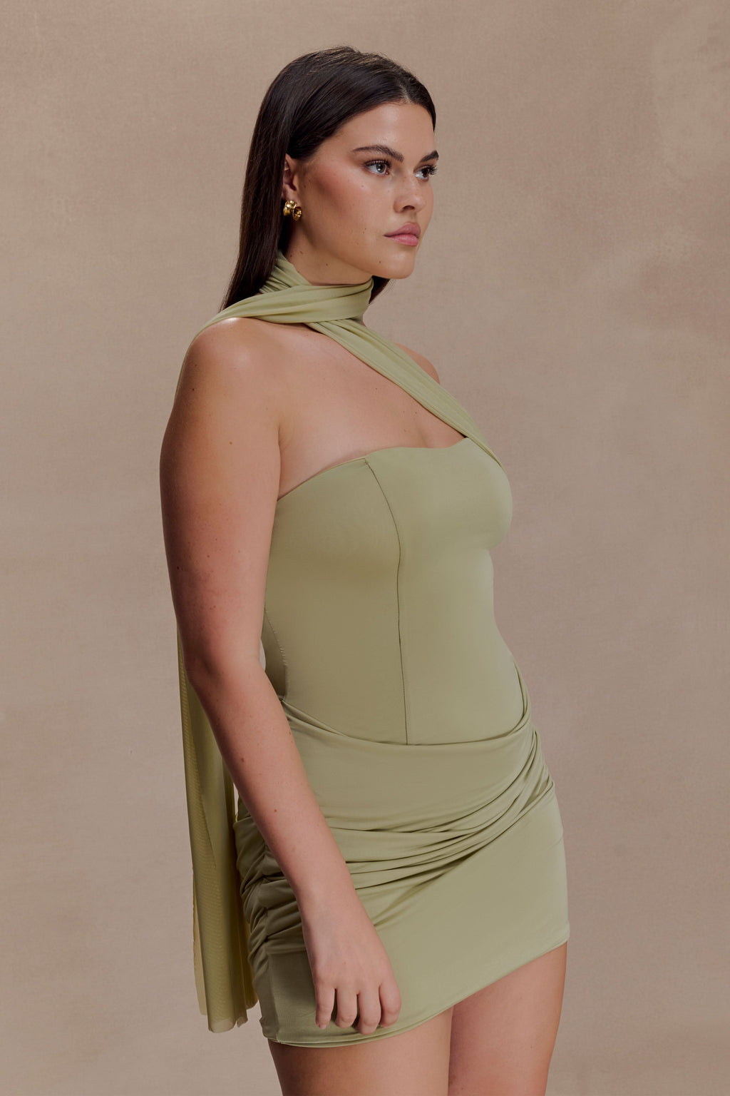 Mattea Slinky And Mesh Mini Dress With Scarf - Sage