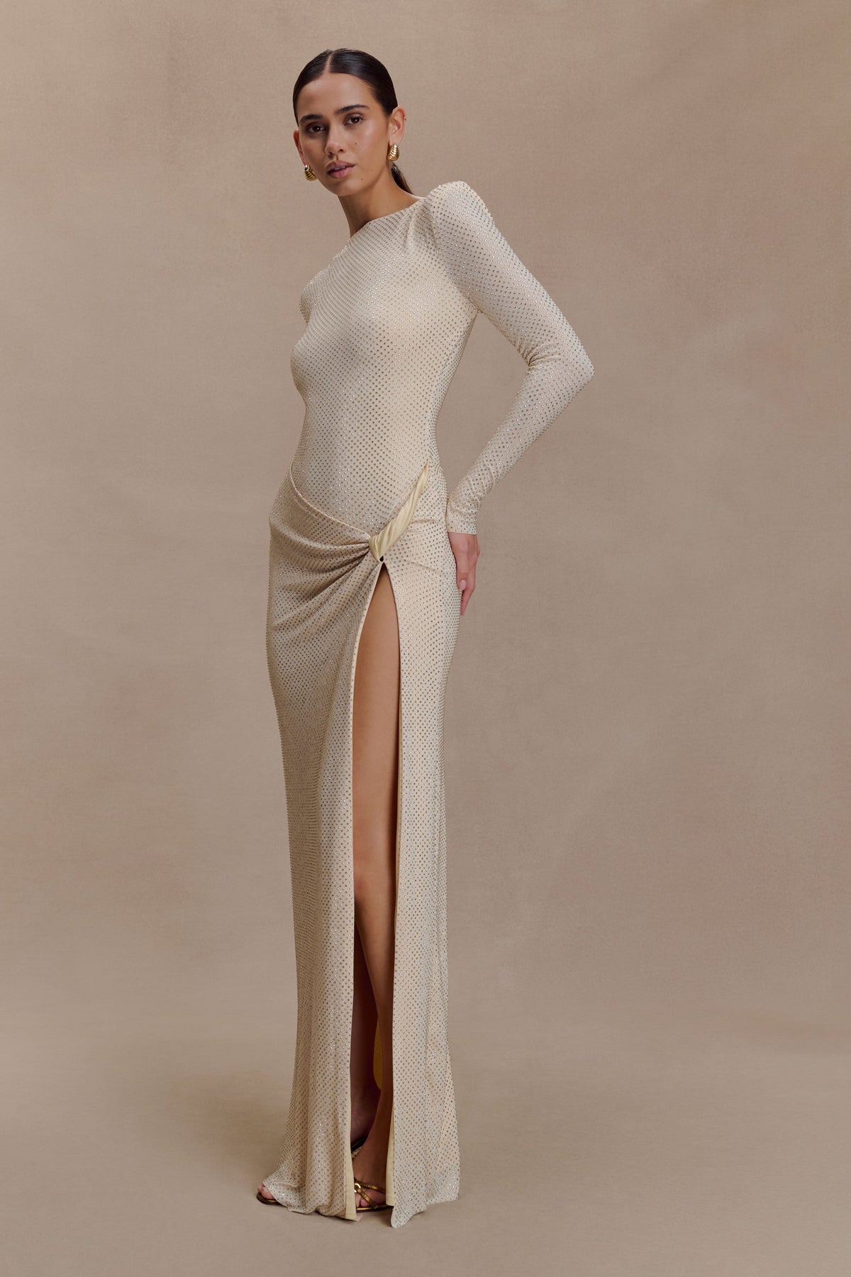 Deanna Long Sleeve Diamante Maxi Dress - Gold