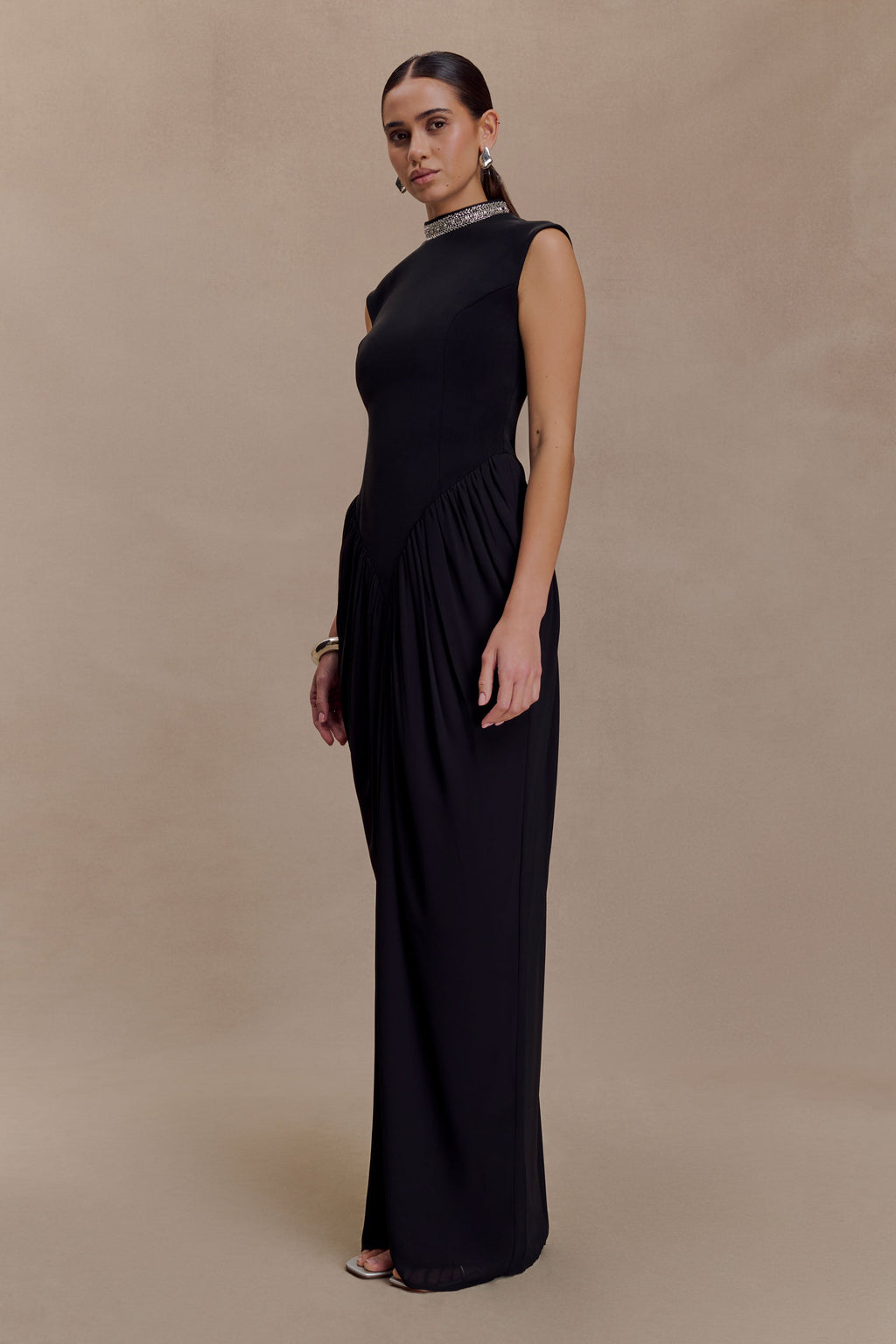Elisa Diamante Neck Maxi Dress - Black