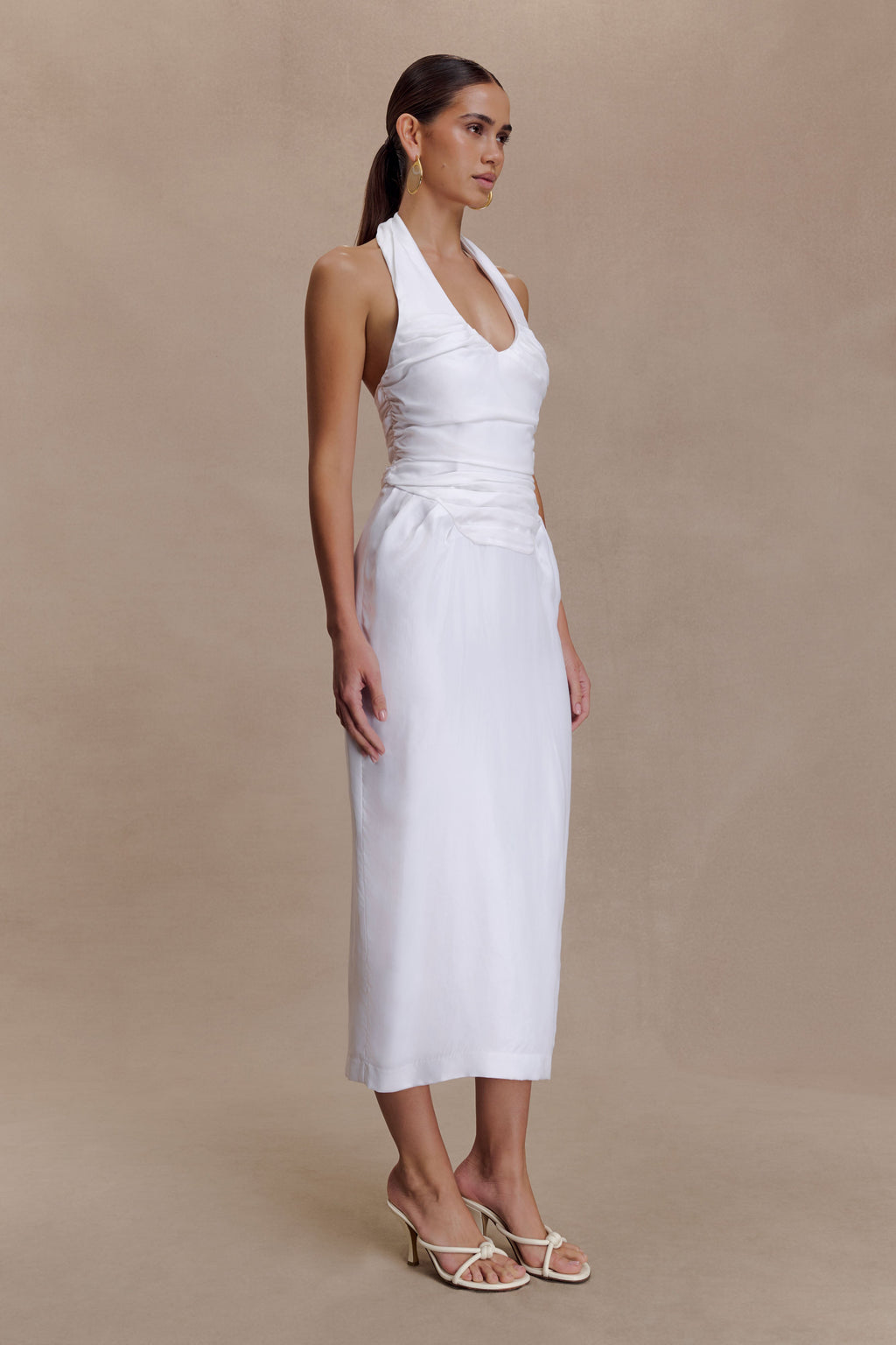 Daniela Ruched Halter Midi Dress - White