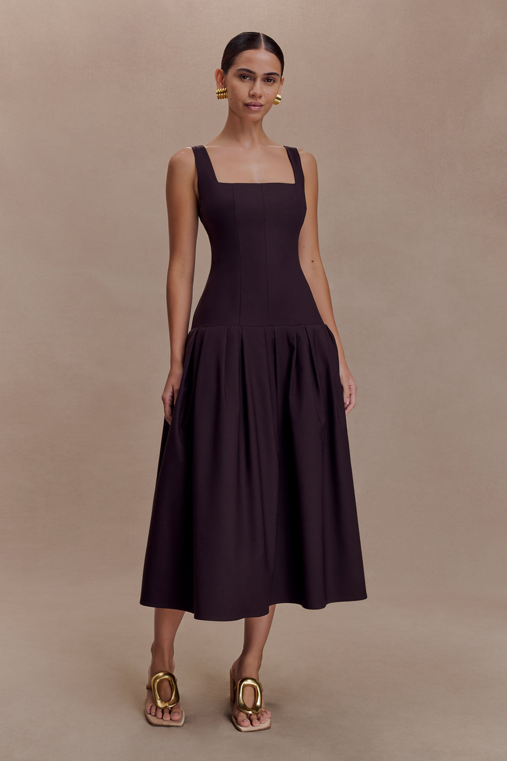 Natascha Drop Waist Cotton Midi Dress - Chocolate