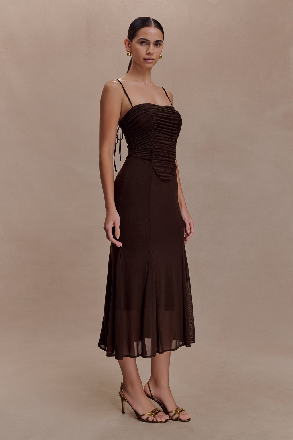 Willa Gathered Mesh Midi Dress - Chocolate