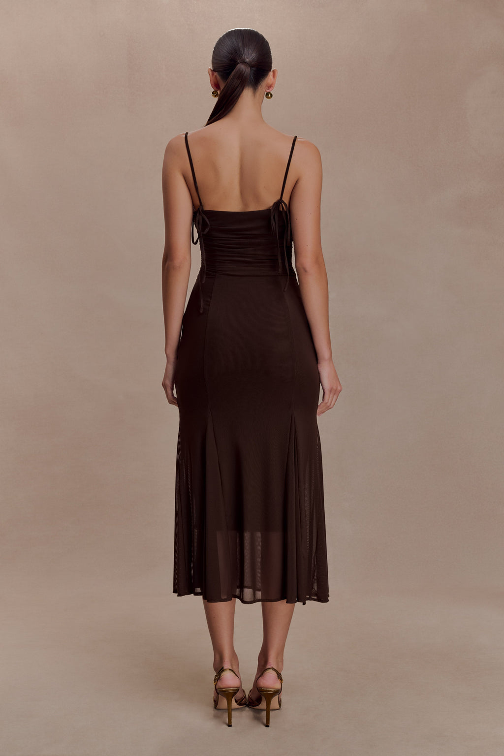 Willa Gathered Mesh Midi Dress - Chocolate