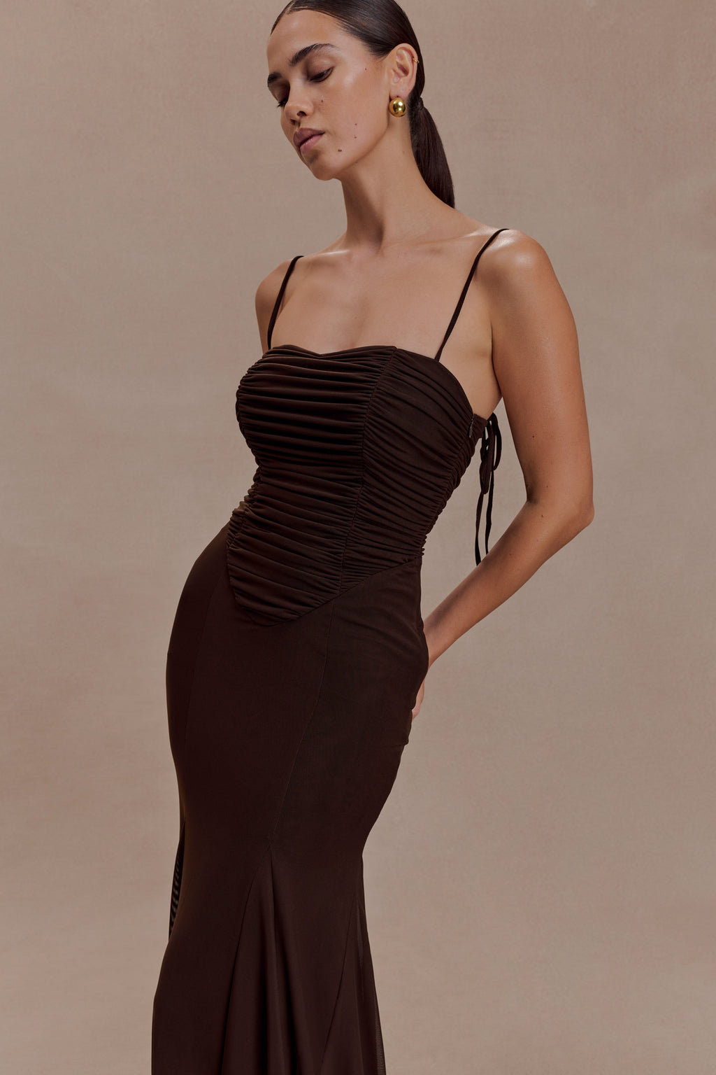 Willa Gathered Mesh Midi Dress - Chocolate