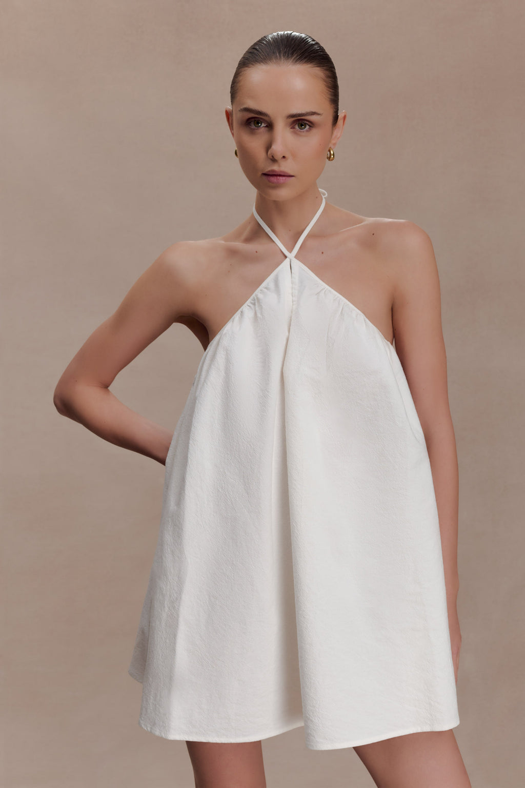 Sonja Keyhole Halter Cotton Mini Dress - White