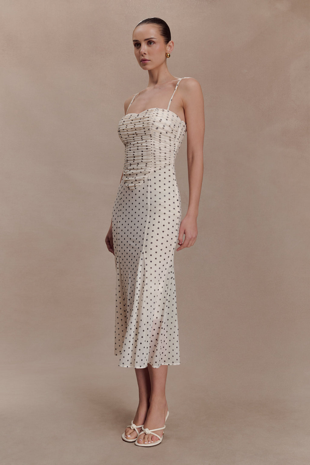 Willa Gathered Mesh Midi Dress - Polka Dot