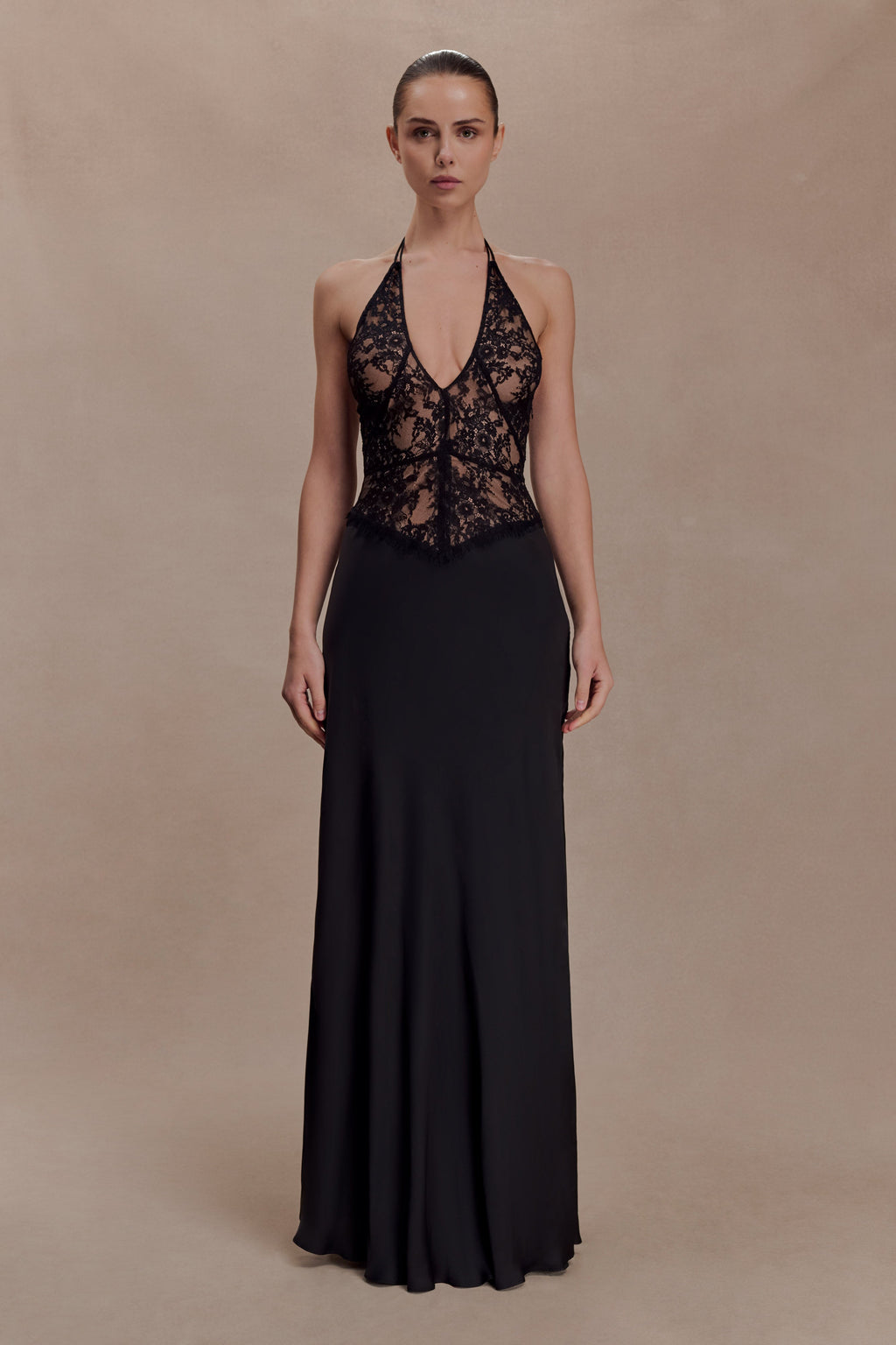 Sascha Lace And Satin Halter Maxi Dress - Black
