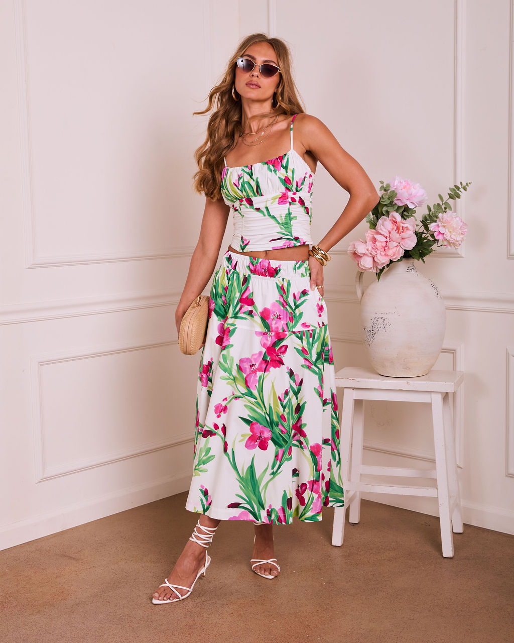 Fresh Gardenia Floral Midi Skirt