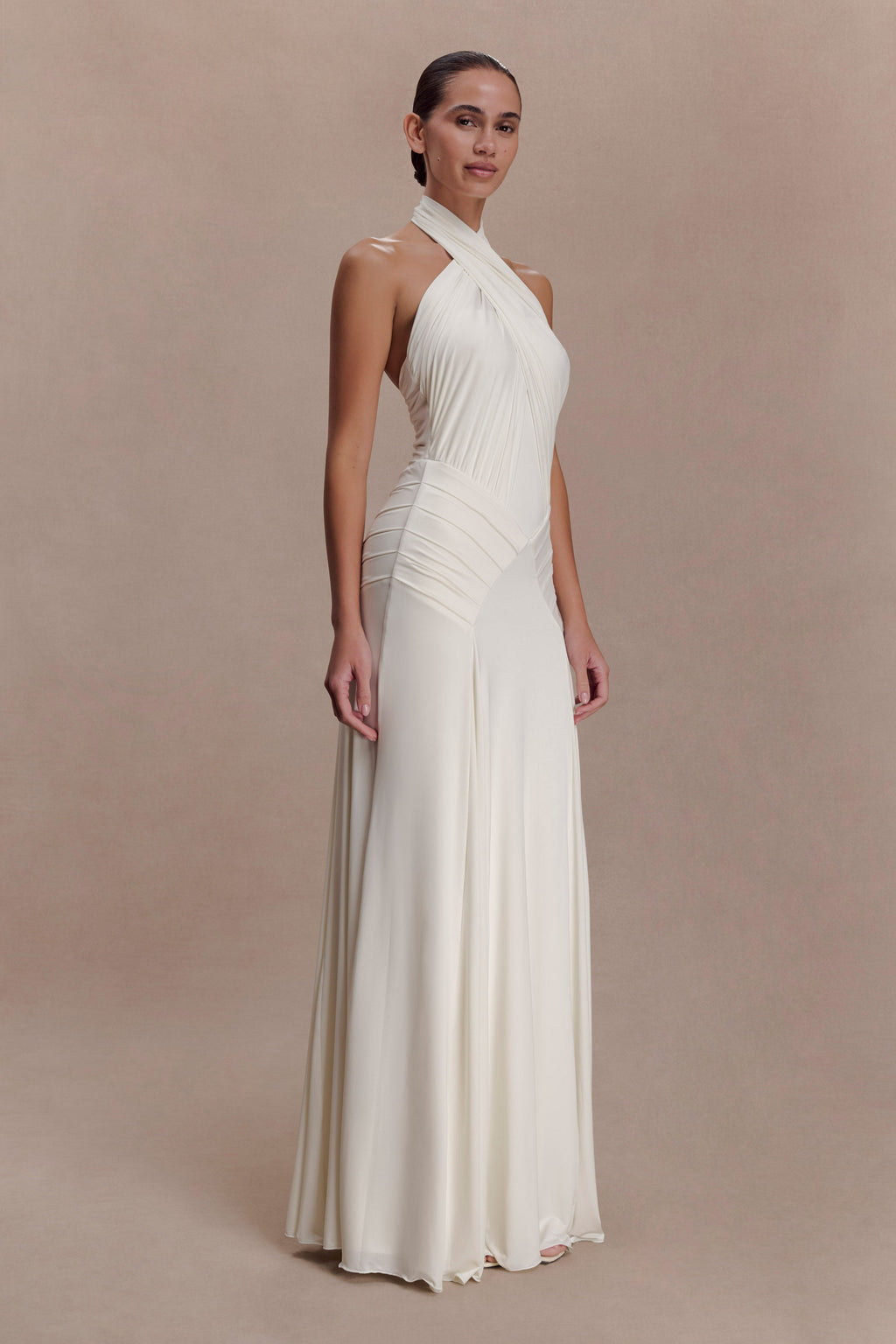 Indira Gathered Slinky Halter Maxi Dress - Ivory