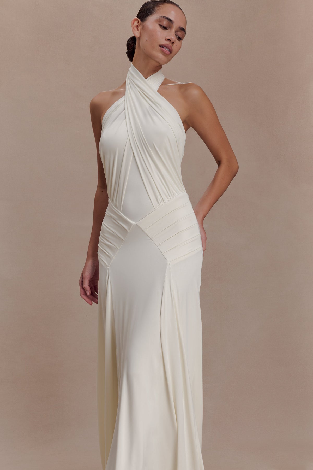 Indira Gathered Slinky Halter Maxi Dress - Ivory