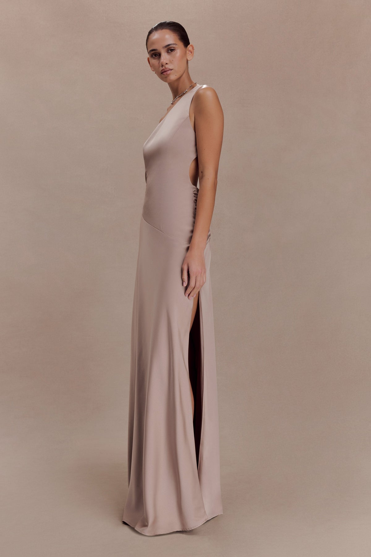 Lyla Asymmetrical Satin Maxi Dress - Bronze Taupe