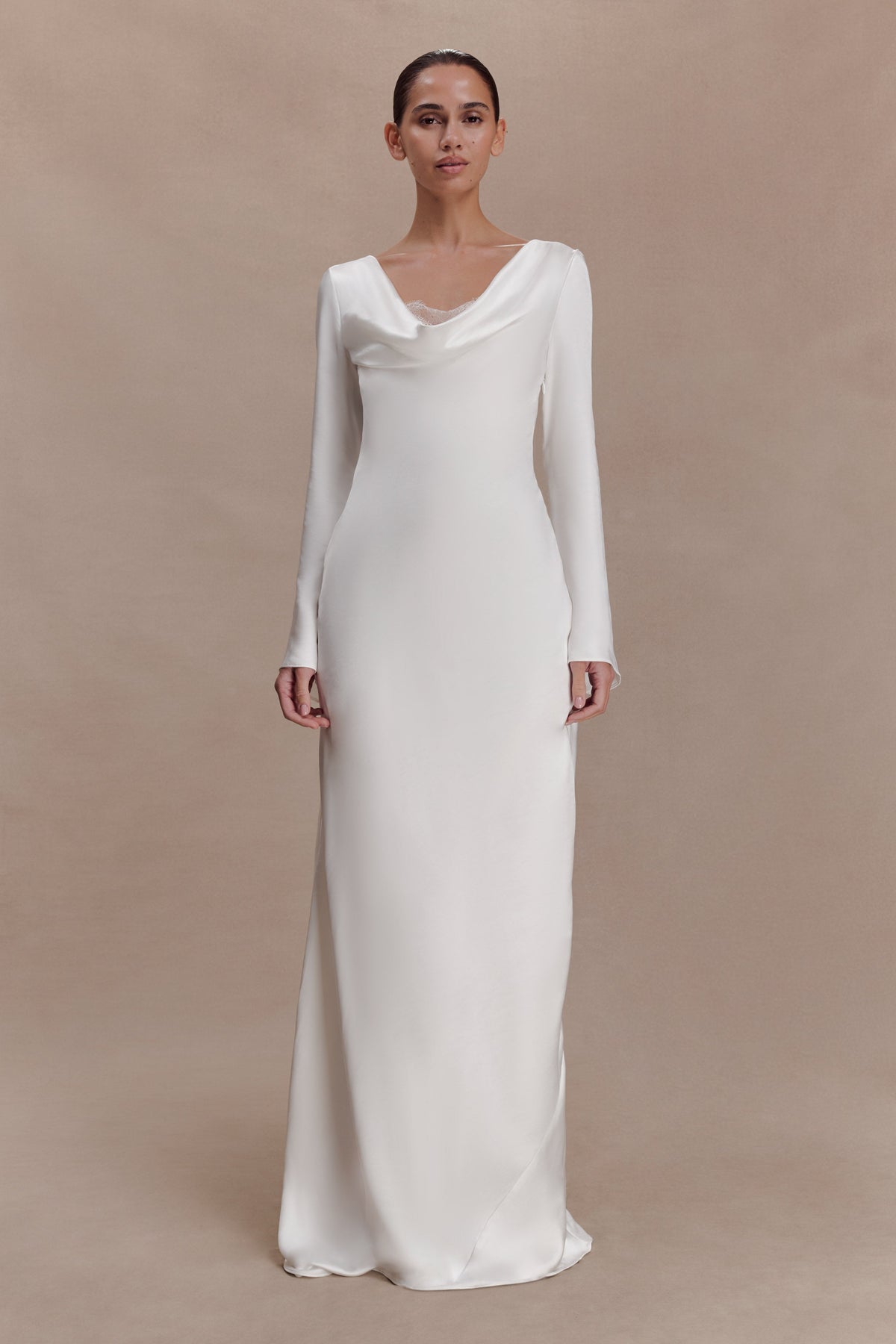 Eliza Long Sleeve Cowl Lace And Satin Maxi Dress - Ivory