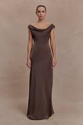 Ashley Cowl Neck Lace And Satin Maxi Dress - Mocha