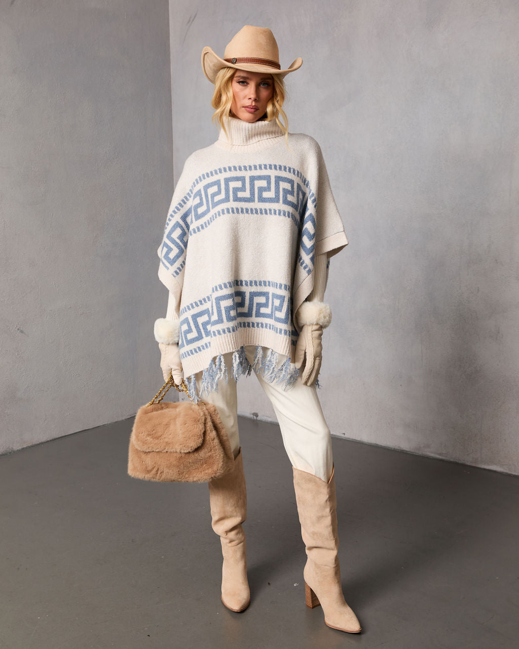 Maly Abstract Fringe Trim Poncho Sweater