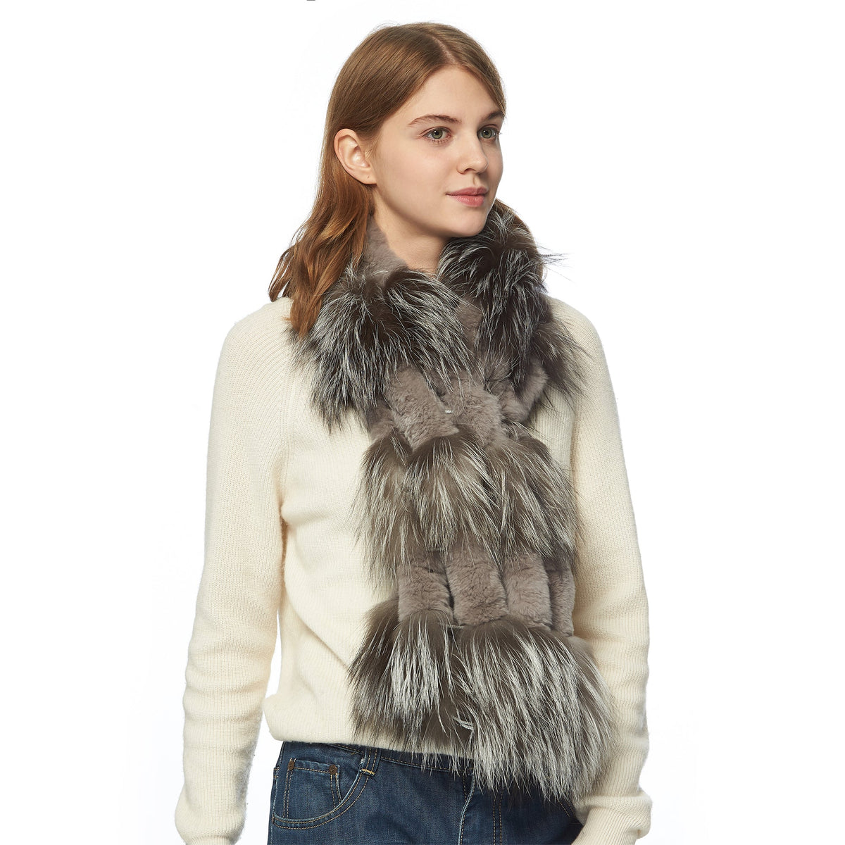 Womens Rex Rabbit Fur Scarf Ladies Winter Warm Knitted Flowers Crochet Fashion Scarf Scarves for Women Men Fur Story FS19502