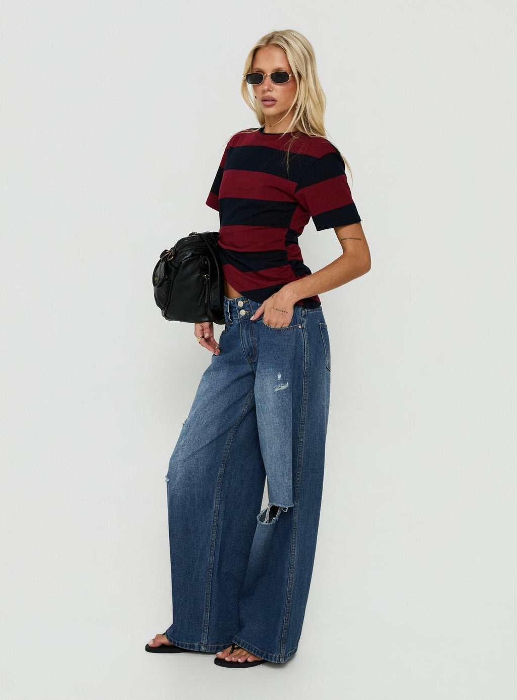 Ramos Low Rise Double Button Distressed Wide Leg Denim Jeans Mid Blue