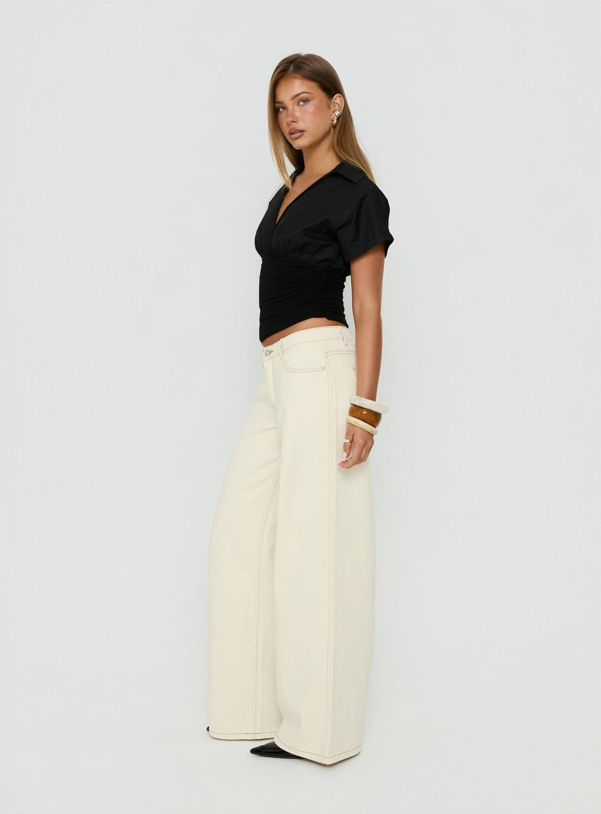 Ramos Low Rise Wide Leg Denim Jeans Cream