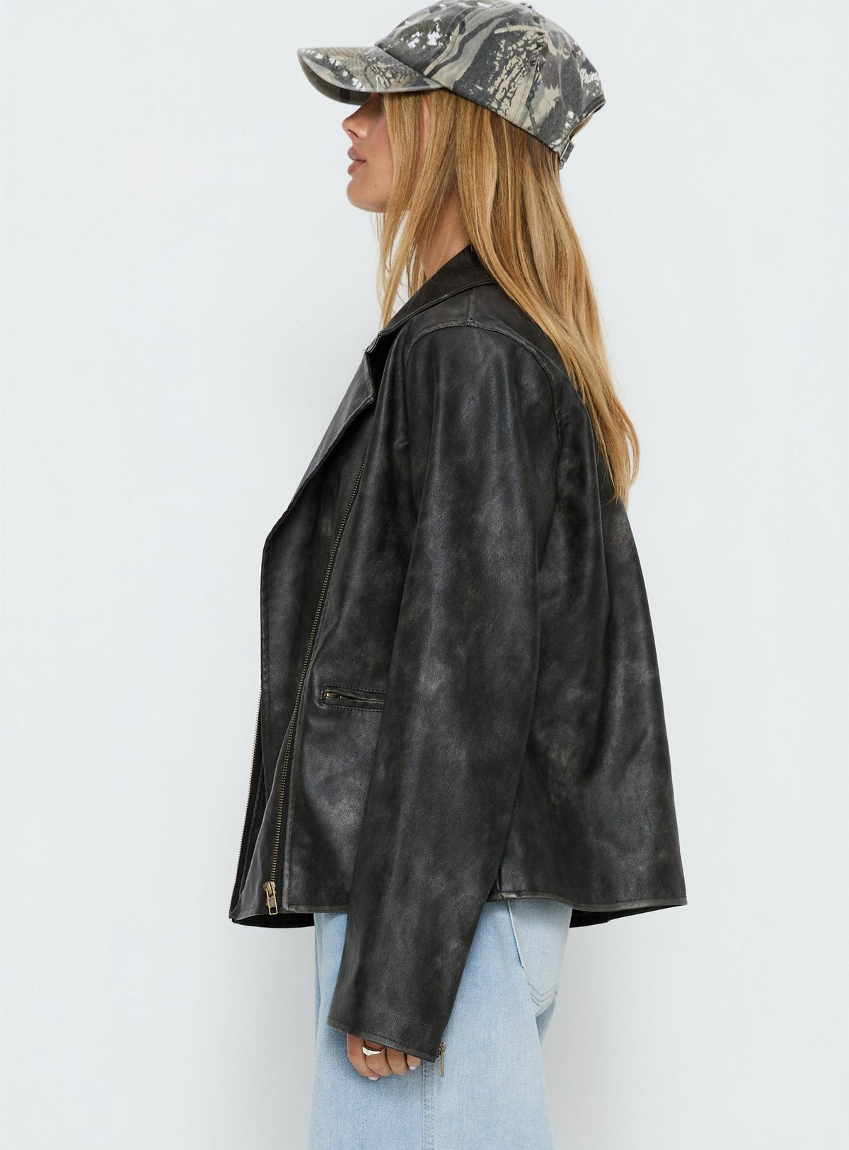 Vyolette Faux Leather Collared Jacket Washed Black