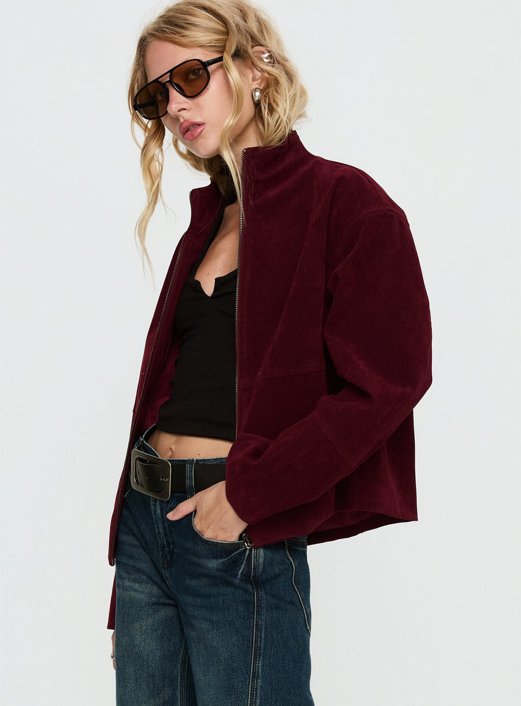 Jessalynn Faux Suede Zip Through Jacket Burgundy