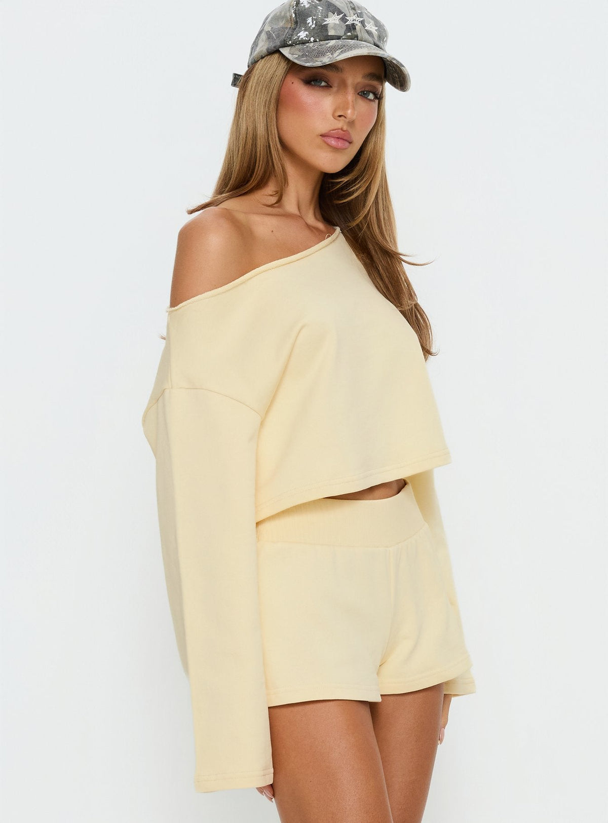 Retreat Raw Edge Off Shoulder Sweatshirt Buttercream