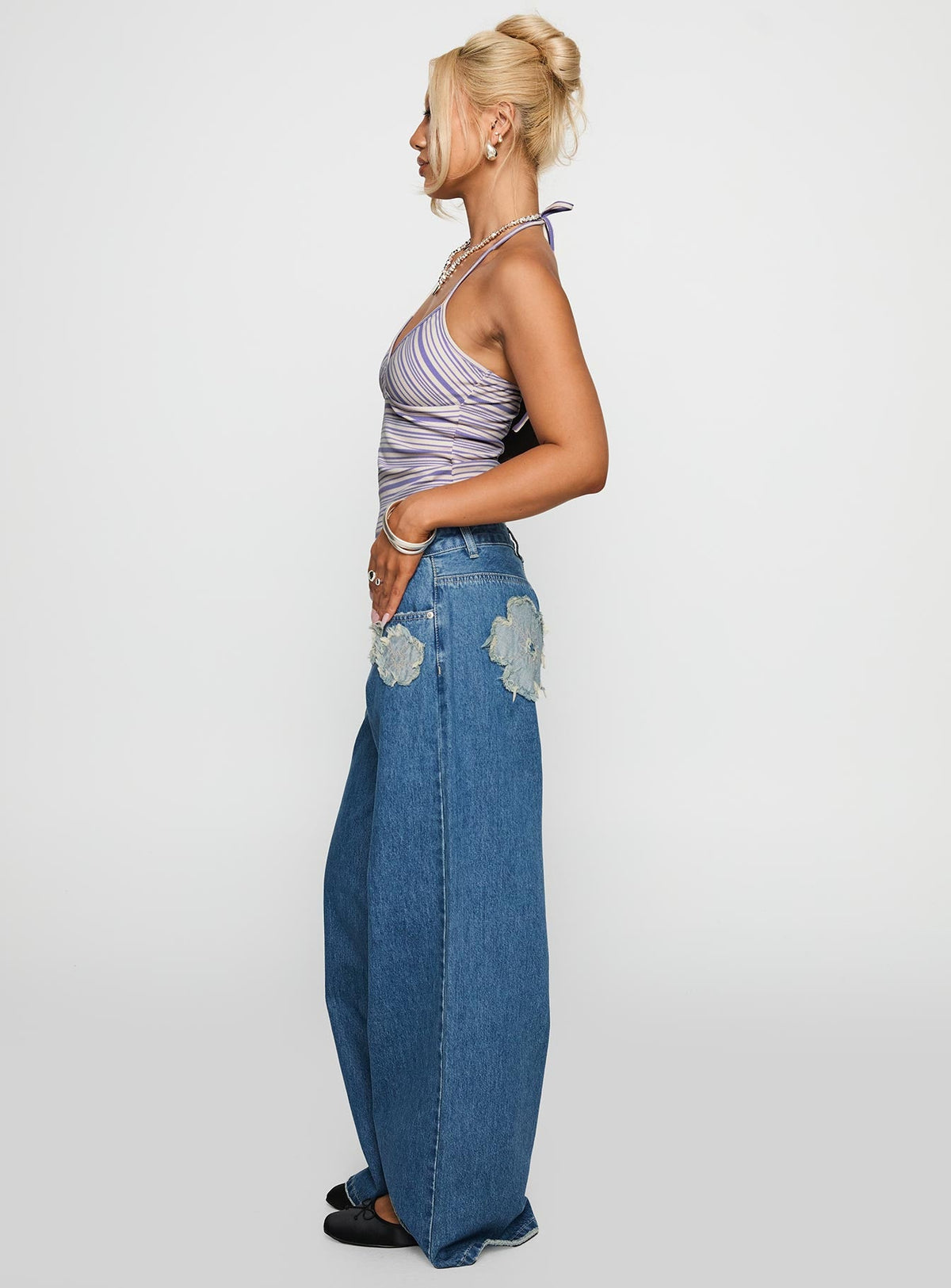 A Keeper Flower Patch Low Rise Wide Leg Jeans Mid Blue