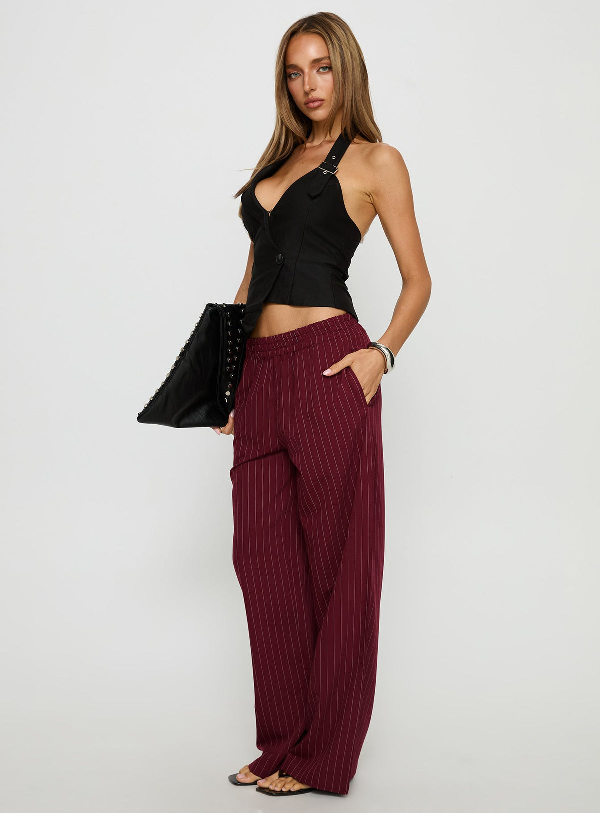 Jaysa Baggy Wide Leg Pant Burgundy Pinstripe