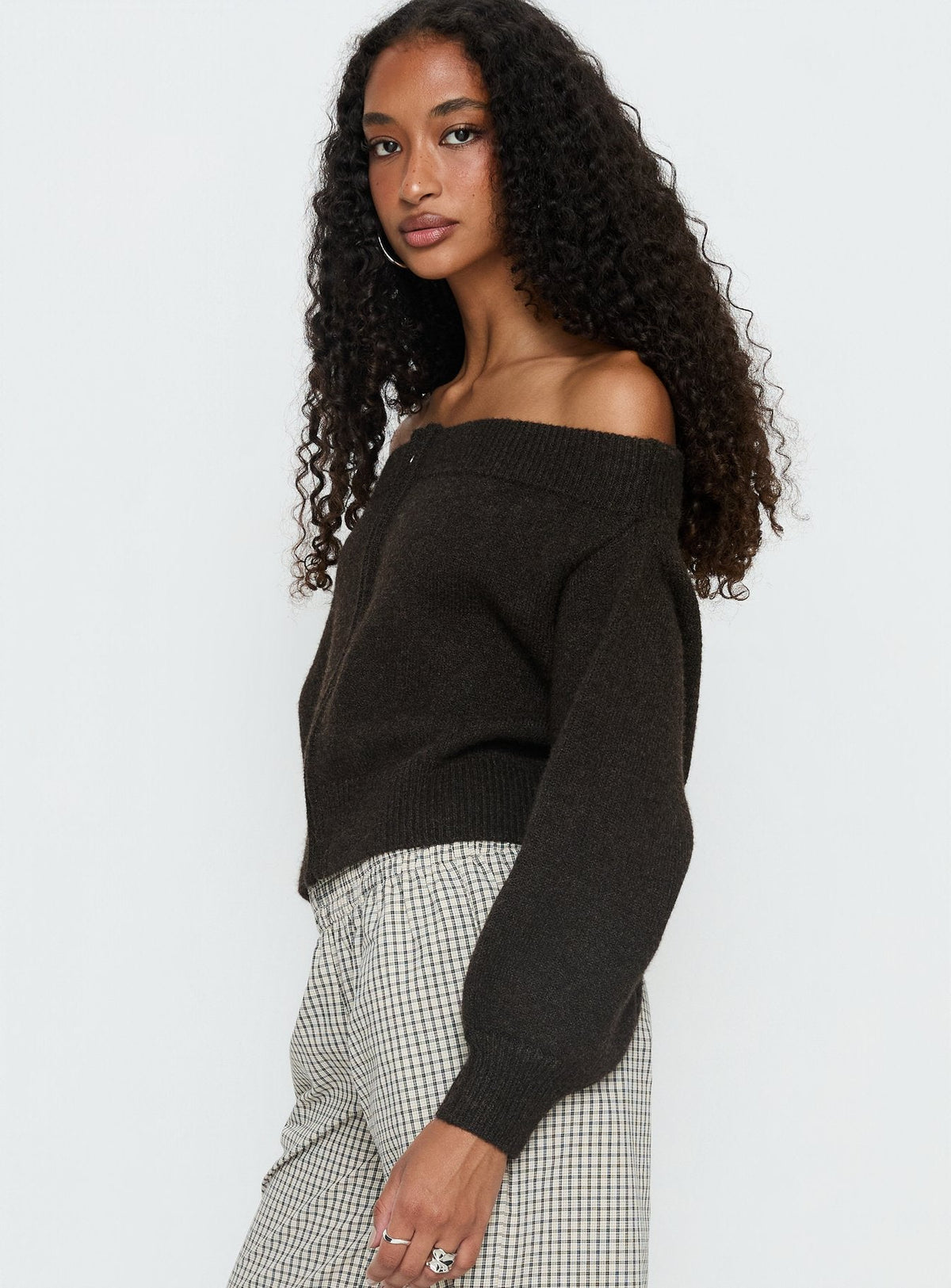 Ortensa Off Shoulder Zip Through Sweatshirt Brown