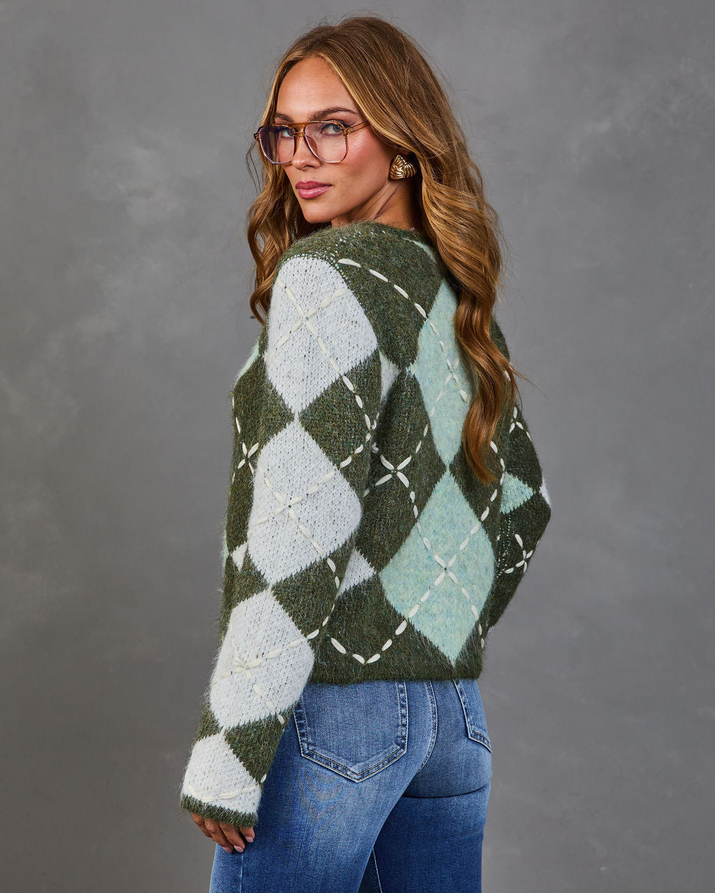 Country Drive Knit Argyle Cardigan