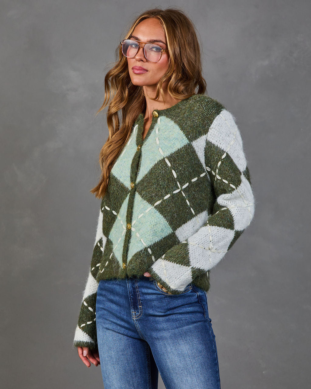 Country Drive Knit Argyle Cardigan
