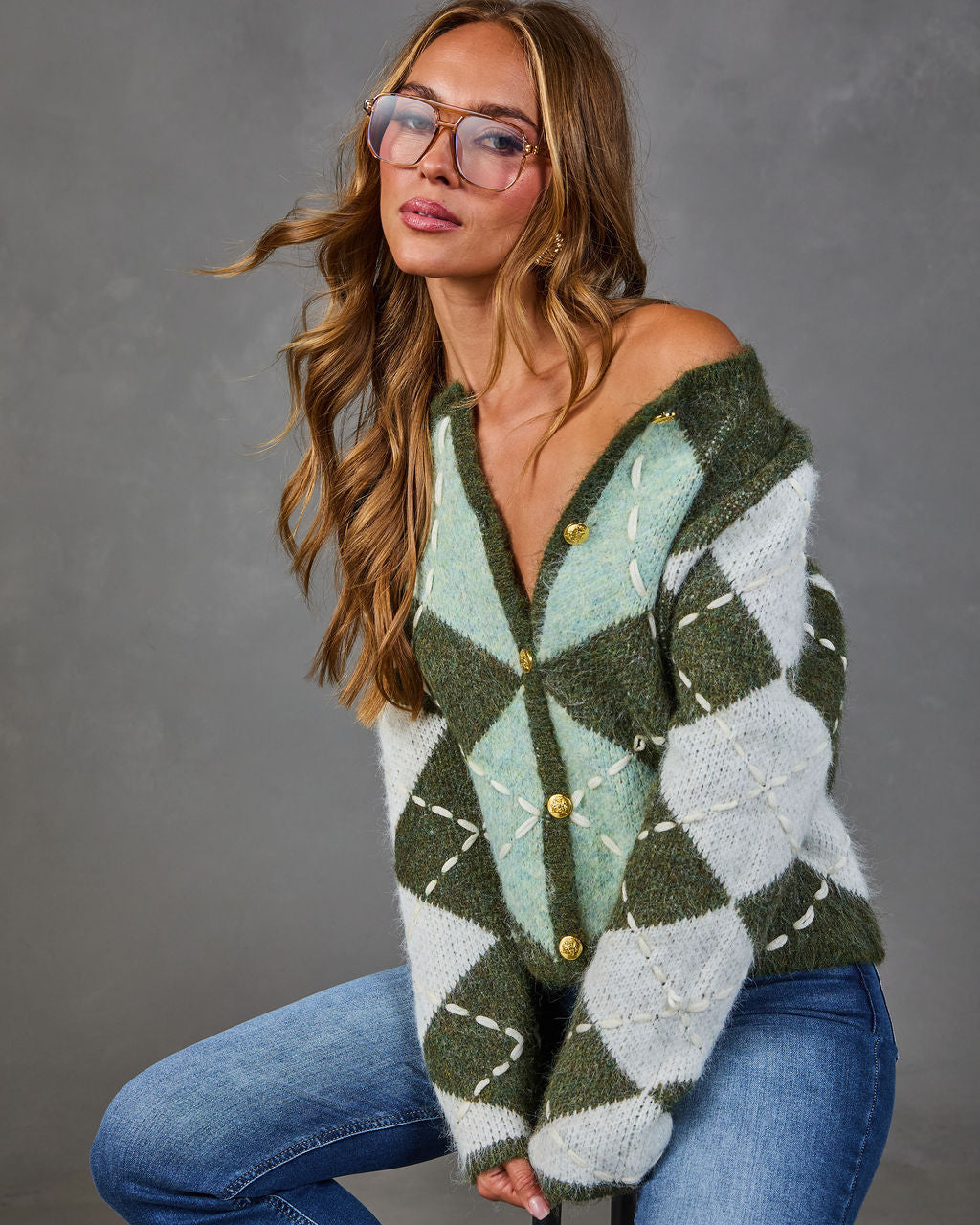 Country Drive Knit Argyle Cardigan