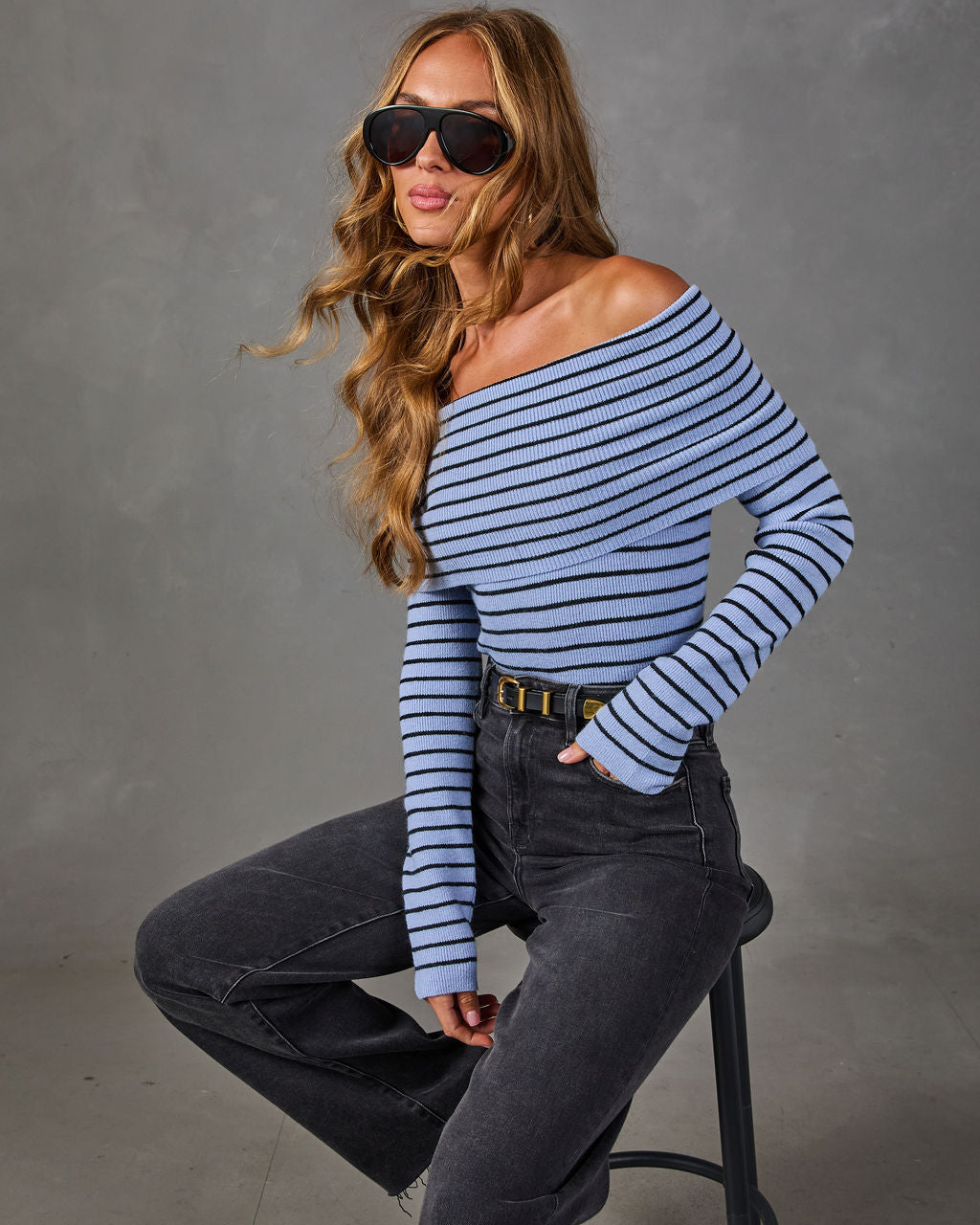 Dynah Striped Knit Off the Shoulder Sweater