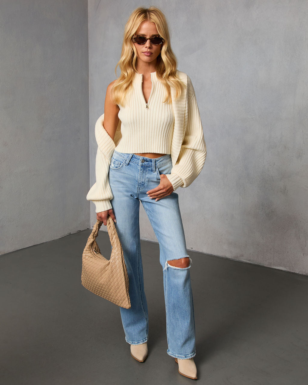 Dreamlight Ribbed Quarter Zip Top And Dolman Cardigan Set