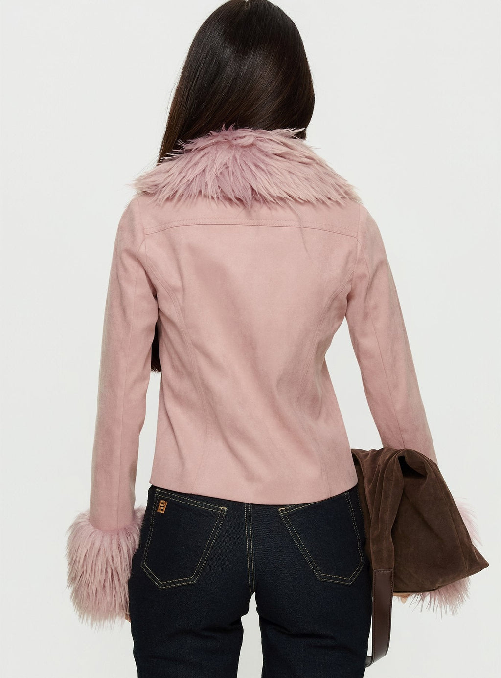 Jeanna Suede Faux Fur Detail Jacket Pink